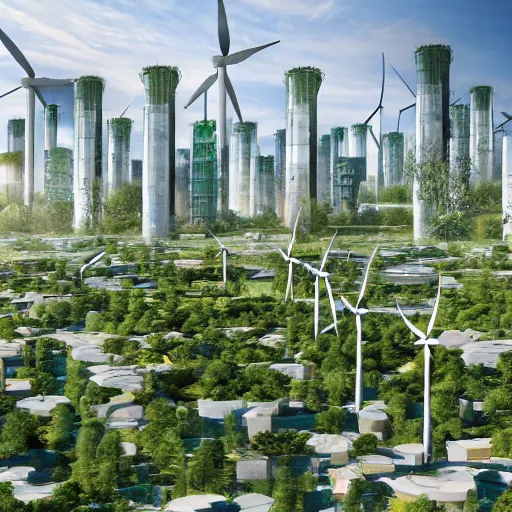 Image similar to beautiful solarpunk city, sustainable future, greenery growing over buildings, wind power