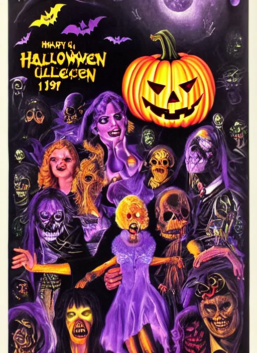 Image similar to Halloween (1978), Psychedelic velvet black light poster, Wes Wilson, Bonnie Maclean, Greg Irons, highly detailed