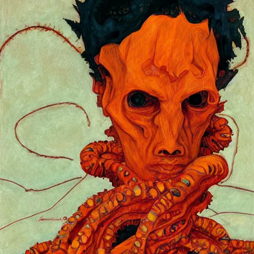 Image similar to portrait of orange cthulhu by greg rutkowski in the style of egon schiele