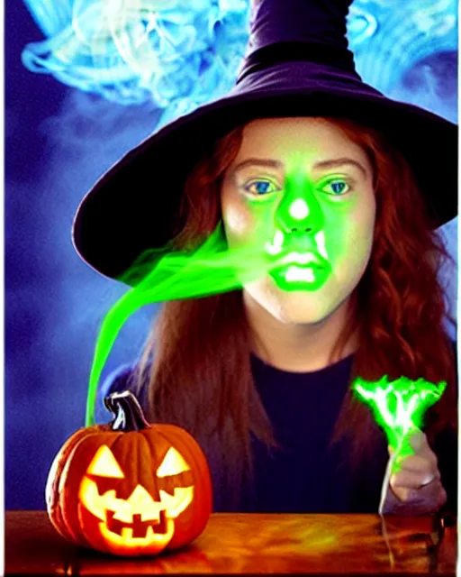 Image similar to close up portrait, serious teen witch mixing a spell in a cauldron, a cat is on the table, jack o lantern, wispy smoke fills the air, a witch hat, cinematic, green glowing smoke is coming out of the cauldron, strange ingredients on the table, strange apothecary shelves in the background, goosebumps movie