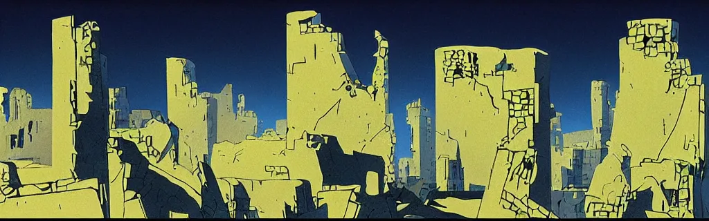 Prompt: doomsday, ruins of the city, blue and white tones, animated film, stylised, illustration, by eyvind earle, scott wills, genndy tartakovski