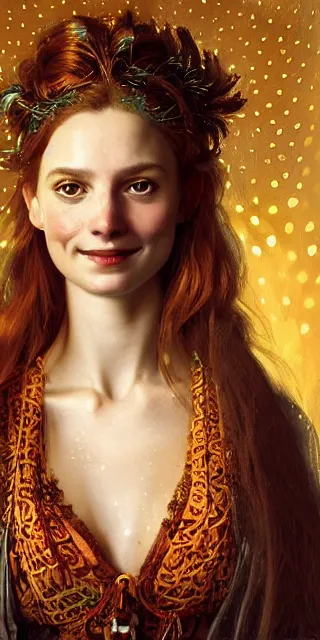 Image similar to a totally amazed smiling pretty woman surrounded by golden firefly lights in a mesmerizing scene, fully covering intricate detailed bohemian outfit, long loose red hair, precise linework, accurate green eyes, small nose with freckles, beautiful smooth oval head, expressive emotions, hyper realistic ultrafine portrait by artemisia gentileschi, jessica rossier, greg rutkowski, artgerm