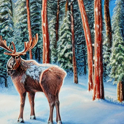 Prompt: cute fluffy moose standing in snowy winter forest landscape detailed painting 4k