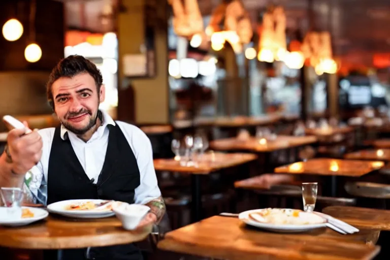 Prompt: busser in a restaurant declares his undying love to an empty plate