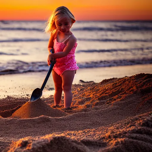 Image similar to little blond girl, making a sandcastle!!! on an Australian Beach, (((red)))!!! sand, shovel, waves, golden hour, Canon EOS R3, f/1.4, ISO 200, 1/160s, 8K, RAW, unedited, symmetrical balance, in-frame