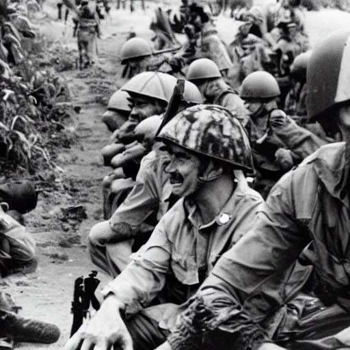 Prompt: dinosaurs in the vietnam war fighting alongside us soldiers in the vietnam war, black and white, eddie adams, david burnett, robert capa, al chang, niel davis, marc riboud