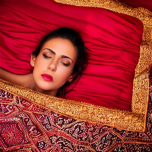 Image similar to detailed closeup photo of beautiful moroccan woman lying bare on silky red sheets. canon dslr 5 d.. cinematic