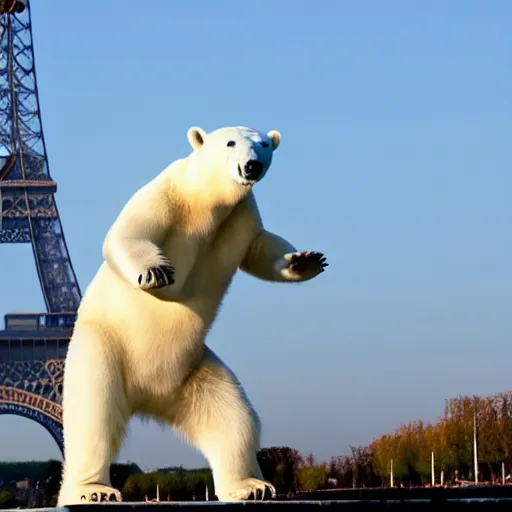 Image similar to a polar bear dancing by the eiffel tower