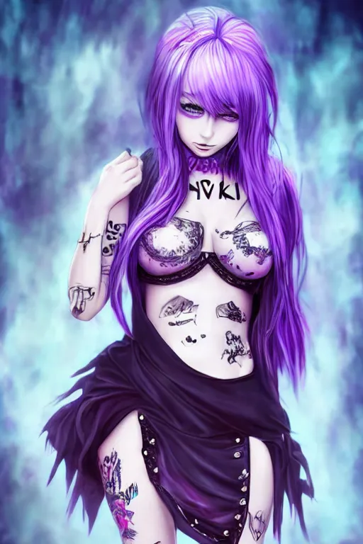 Prompt: kerli koiv anime goth girl with tattoos purple hair in mini skirt and crop top intricate, full body, extremely detailed, artstation, 8 k, sensual lighting, incredible art, wlop, artgerm