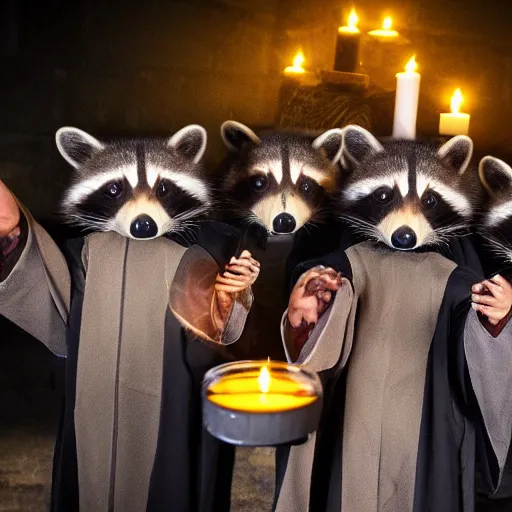 Image similar to disposable camera photo, a group of raccoons wearing dark cult robes look towards the camera in surprise and anger as they perform a dark occult evil ceremony inside the secret lair of an underground mystery cult, dramatic candlelight, ultra - detailed, photorealistic, 4 k