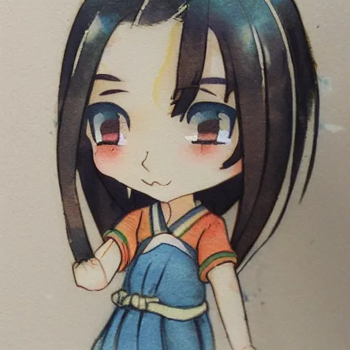 Image similar to beautiful water color concept art of face detailing cute nendoroid girl in the style of japanese wood printing , toon rendering, close-up, no shade, modern art, kyoto animation, manga