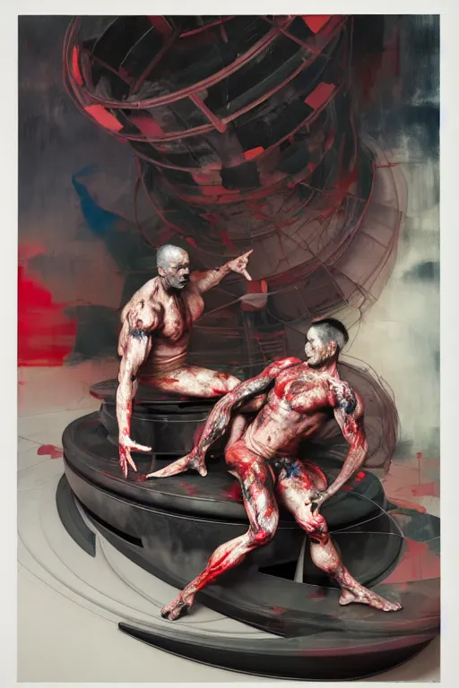 Prompt: two muscular men entwined, floating inside a brutalist space ship, gothic, rich deep colours, painted by francis bacon, adrian ghenie, james jean, petra cortright and jenny saville, part by gerhard richter, part by takato yamamoto. 8 k 3 d