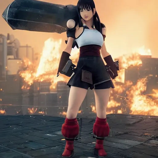 Image similar to a giant giga sized tifa from final fantasy 7 remake having fun destroying a city while smiling, digital art, octane render, award winning, very detailed, full body portrait, 3d render, detailed facial expressions, destroyed city, 4k destruction, fire, video game art, no text, ray tracing