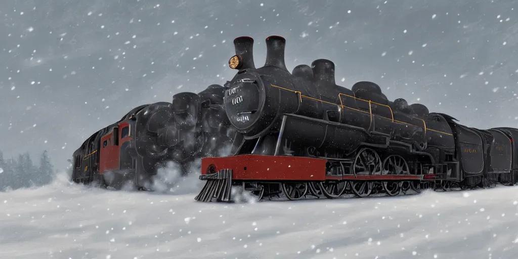 Image similar to ultra detailed and realistic painting of a heavy steam train in the snow under a blizzard, realistic style, inspired by very beautiful cute and colored disney movie backgrounds, bloom, high details, rendered in 8 k unreal engine