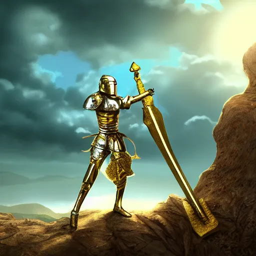 Prompt: knight in shiny gold armor holding diamond sword standing on a rock 8k,detailed, cinematic, concept art, arstation