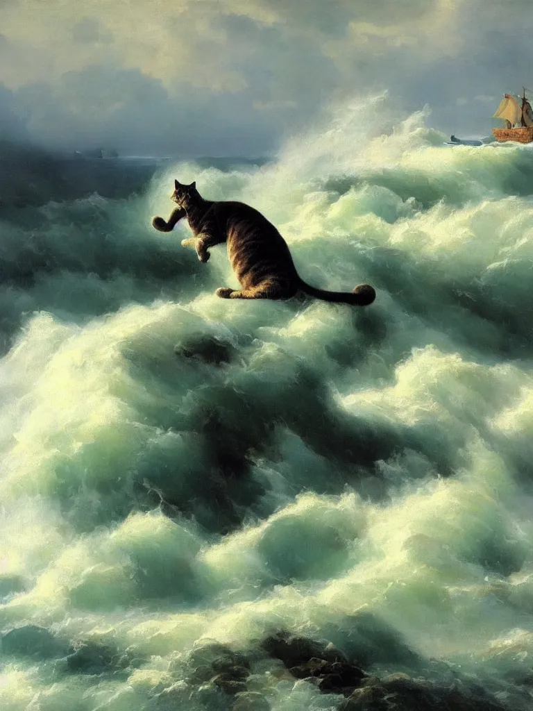 Prompt: big cat in the stormy ocean, the cat is bigger than the waves, rocks, near the shore, aivazovsky style, oil painting, high quality, realism