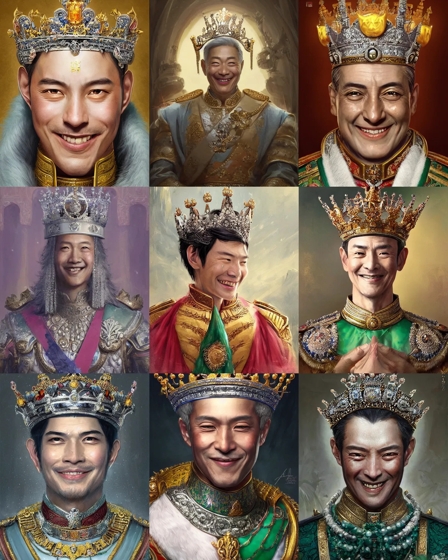 Prompt: portrait of a smiling emperor, he wears a crown of silver and jade, he resides in a glittering palace, flowers, painting by artgerm and by greg rutkowski