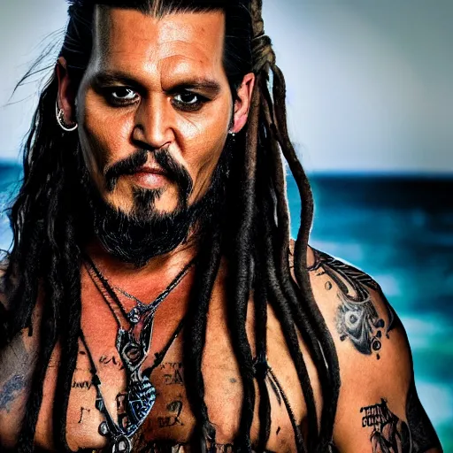 Image similar to portrait of johnny depp as khal drogo from games of thrones, mascular, broad shoulder, very long hair, long beard with dreadlocks, tattooed body, six packs, symmetrical, nikon 3 5 mm photography, ultrarealistic