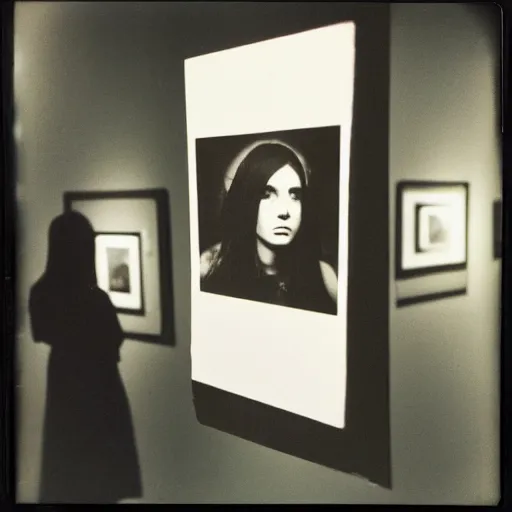 Image similar to polaroid depicting an emo woman as an exhibit in an art gallery