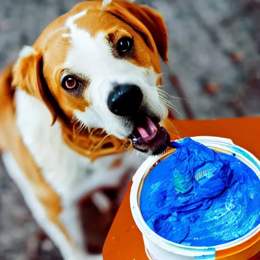 Prompt: a dog eating paint