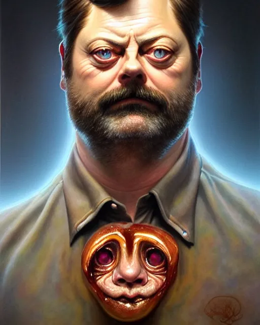 Image similar to detailed portrait of nick offerman offal!! organ meats by tomasz alen kopera and peter mohrbacher and johanna martine! and margaret keane! coherent luminescent