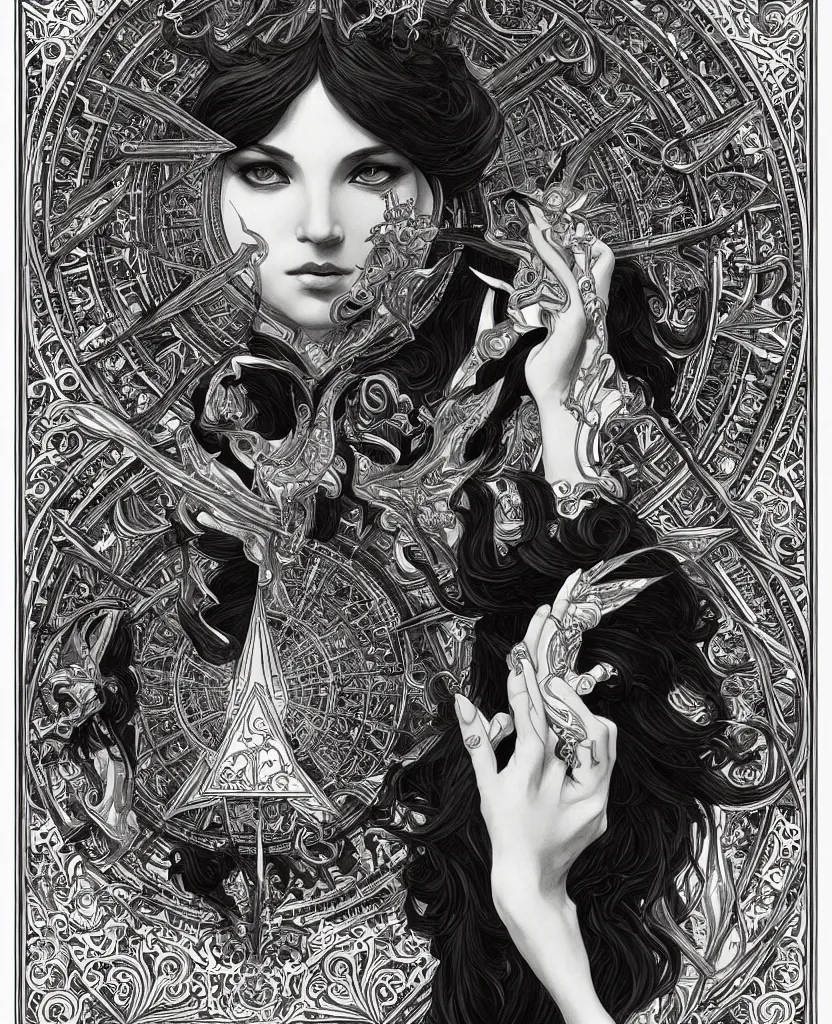 Image similar to black and white illustration of mystical geometrical alchemical black sacred symbols, deep focus, intricate, elegant, highly detailed, pen and ink style, artstation, concept art, matte, sharp focus, art by artgerm and greg rutkowski and alphonse mucha