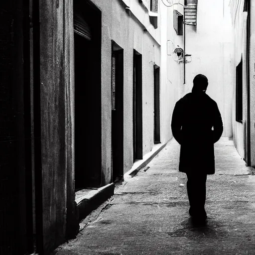 Image similar to a gloomy alley, a man stands in the darkness but the white of his eyes can be seen, dark, gloomy, skeptical