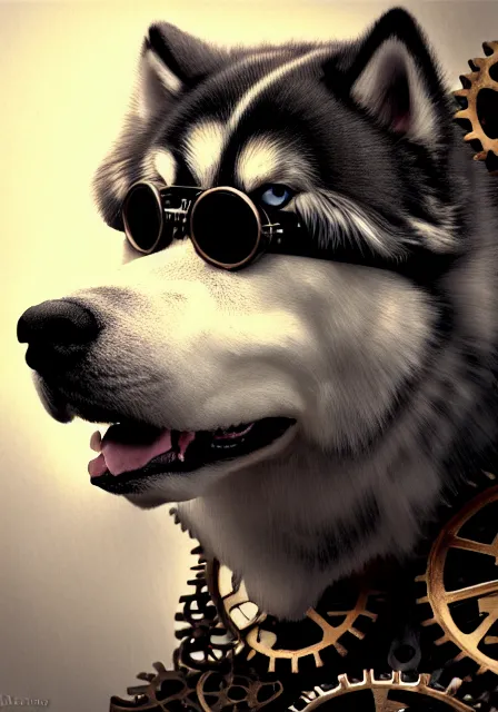 Prompt: hyper realistic ultra - detailed portrait of alaskan malamute face, steampunk hat with goggles and gears, upper body, detective coat, sharp focus, illustration, fantasy style, octane render, concept art, smooth, volumetric lighting, 8 k high definition, intricate, wide shot, by greg rutkowski, highly detailed, trending on art station