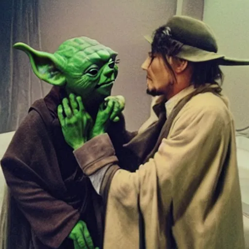 Image similar to Yoda hanging out with Johnny Depp