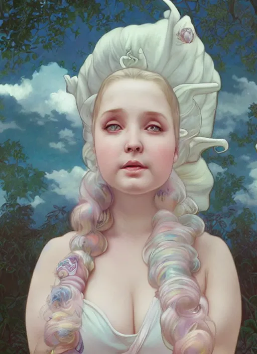 Prompt: a chubby white woman with pointed ears, wearing a white sundress, rainbow pastel clouds for hair, realistic painting by ross tran and gerald brom and alphonse mucha, artgerm, trending on artstation