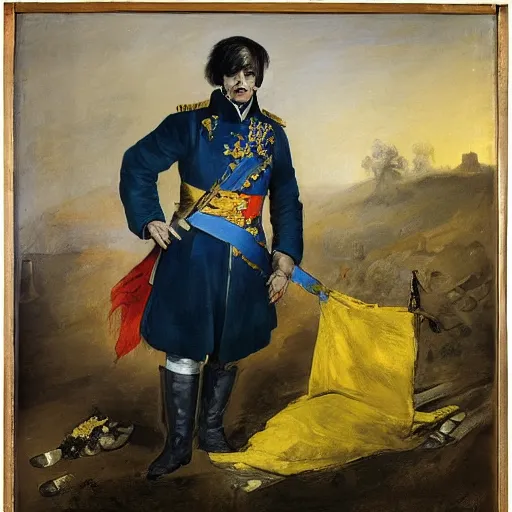 Image similar to Volodymyr Zelensky at war, dressed like Napoleon Bonaparte, his clothes are torn and dirty, he is sitting between dead corpses and weeping, holding a half burnt blue and yellow flag of Ukraine, by Francisco Goya