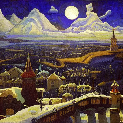 Image similar to photo beautiful magical ancient Slavic Russian city of Kitezh, fisheye lens, painting by Viktor Vasnetsov, concept art, magical city, fantasy cityscape, ancient Slavs, wooden buildings, ancient Russian architecture, terem, hyperborea, top cinematic lighting , cinematic mood, very detailed, 8k, painting by Nicholas Roerich, high resolution, trending on artstation, artstationHD,