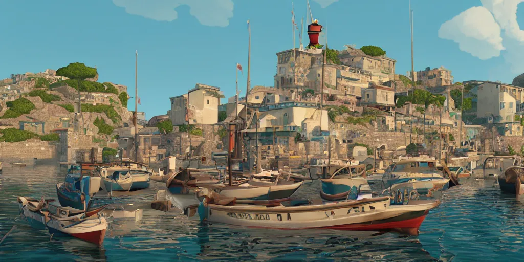 Prompt: a film still of fishing harbour in a small Italian seaside village, medium shot, waist up, studio Ghibli, Pixar and Disney animation, sharp, Rendered in Unreal Engine 5, anime key art by Greg Rutkowski, Bloom, dramatic lighting