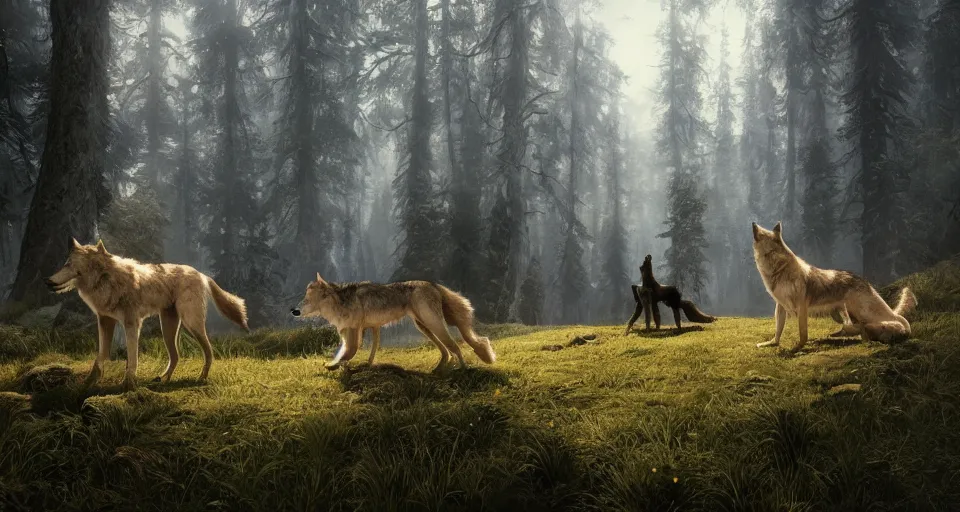 Image similar to wolves and their treasures. fantasy style, ultra realistic, octane render, unreal engine, raytracing, 8 k highly detailed, trending on artstation, illustration, digital painting, highly detailed render by by david caspar friedrich and george stubbs