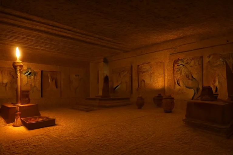 Image similar to a room full of treasure in an egyptian tomb, candlelit, volumetric light, highly detailed, trending on artstation