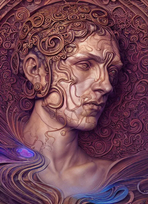 Image similar to roman emperor, wooden art nouveau swirls, subsurface scattering, translucent, in the style of james jean and tomasz alen kopera, mystical colors, rim light, soft lighting, 8 k, stunning scene, raytracing, octane render, trending on artstation