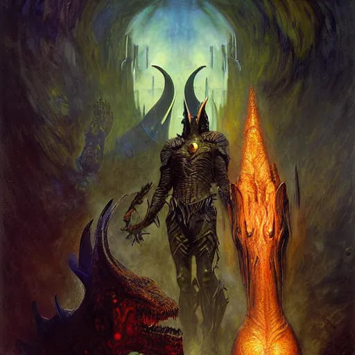 Image similar to portrait of sauron the dinosaur mutant from xmen. shadowrun furaffiniy cyberpunk fantasy highly detailed painting by gaston bussiere craig mullins jc leyendecker gustav klimt artgerm greg rutkowski john berkey, bergey, craig mullins, ruan jia, raymond swanland, jeremy mann, tom lovell, alex malveda