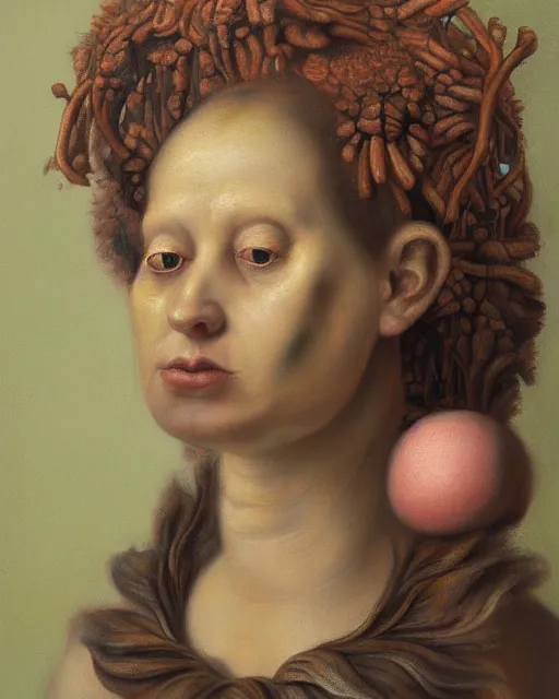 Prompt: strange, looming head, biomorphic painting of a woman with large eyes, pastel colours by, rachel ruysch, and charlie immer, highly detailed, oil painting, timeless disturbing masterpiece