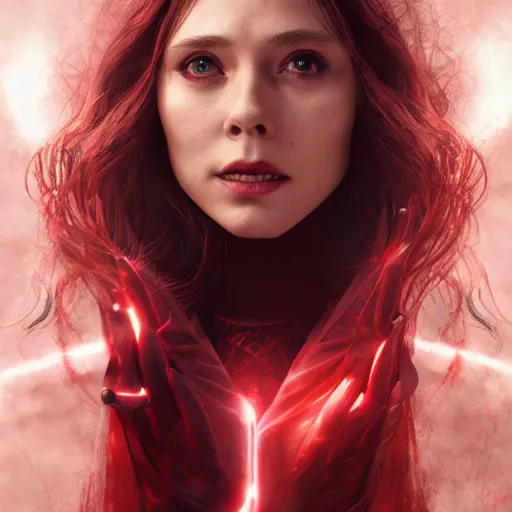 Prompt: movie still of scarlet witch rewriting the fabric of reality, photorealistic art style, fantasy aesthetic. full - body photography, comprehensive art, thorough details, intricate, artstation, cgsociety contest winner