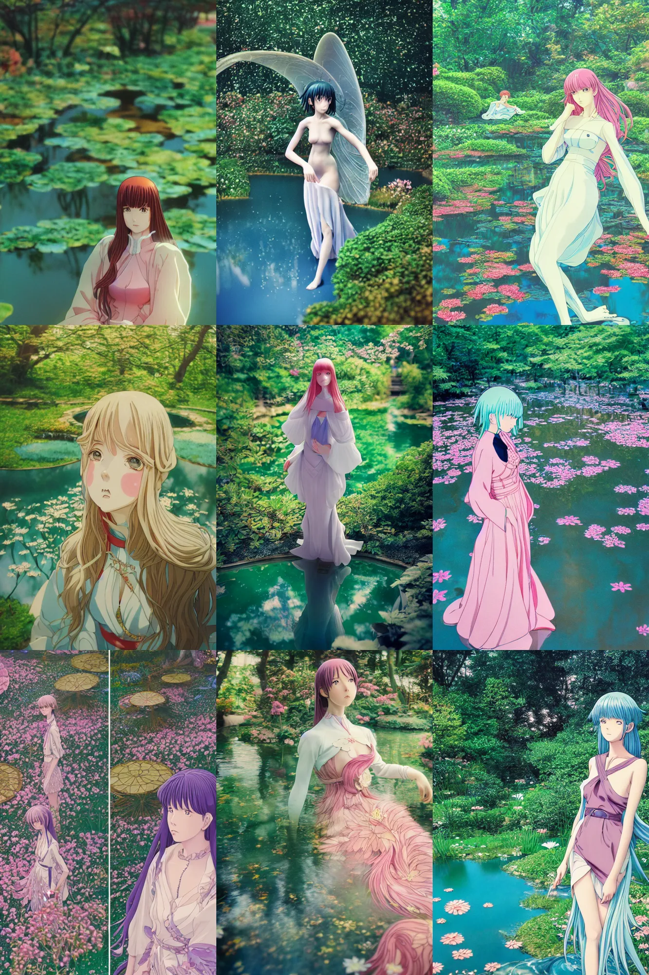 Image similar to Cinestill 800t, 8K, highly detailed, moebius seinen manga 3/4 extreme closeup portrait, clear eyes, focus on art nouveau fairy dress model, tilt shift zaha hadid style anime background: famous moebius anime remake, Garden pond scene