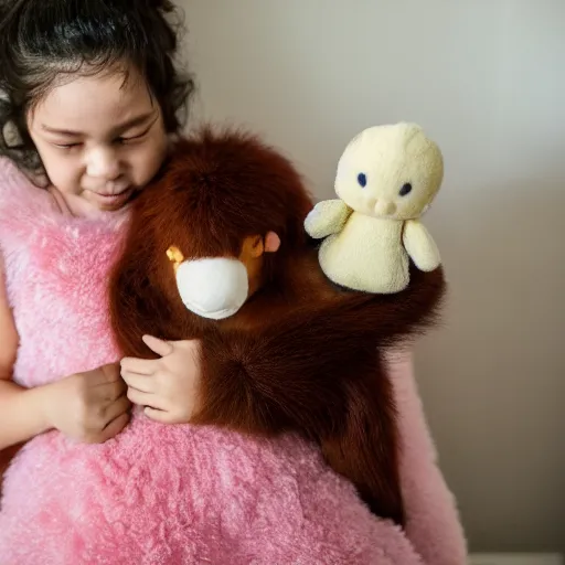 Image similar to an orangutan holding a stuffed grey bunny, in a girls bedroom, wearing makeup and lipstick, wearing a big fluffy pink dress, 24mm