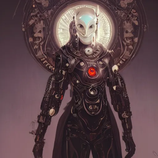 Image similar to a cyborg empress with mask, art nouveau ivory accessories, cyberpunk, darksynth, luxury, concept art by jama jurabaev, extremely detailed, ominous, ethereal, artstation, andree wallin, edvige faini, balaskas, alphonse mucha, symmetry