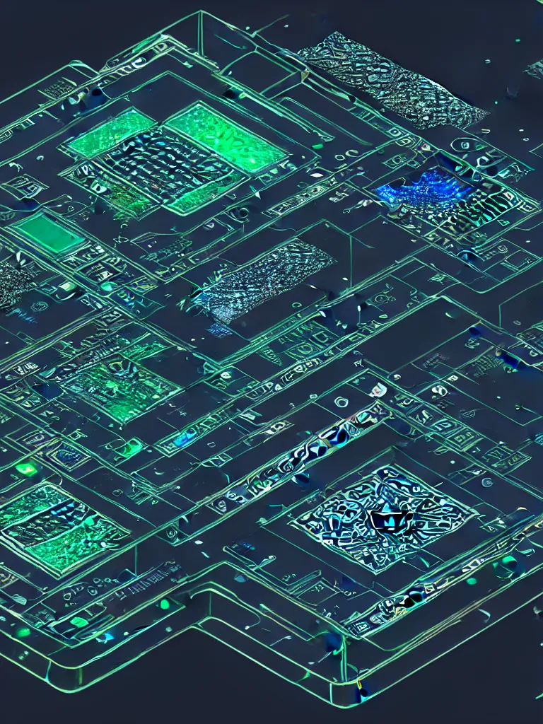 Prompt: isometric intricate circuit board, cpu, bios chip, led, big glass crystals refraction, lcd display, integrated circuits, capacitors, intricate concept art, digital painting, clockwork grotesque dark