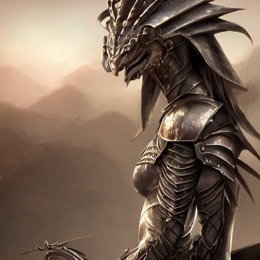 Image similar to stunning cinematic elegant back end shot, of a beautiful female knight, but as an anthropomorphic female dragon, well designed highly detailed cute female dragon head with slick eyes and maw, looking back at the camera, well armored, sharp claws, arms crossed, HD octane render, fantasy, furry art, Artstation, Deviantart, Furaffinity