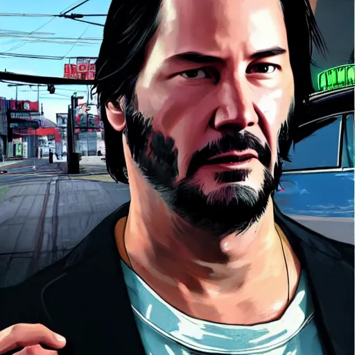 Prompt: Keanu Reeves in GTA V, Cover art by Stephen Bliss, Loading Screen, Boxart, highly detailed