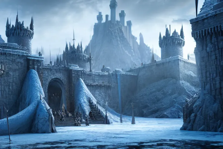 Image similar to a very detailed concept art of game of thrones gates to frozen fantasy world, trending on artstation, digital art, 4 k, hyper realistic, octane render, sharp focus