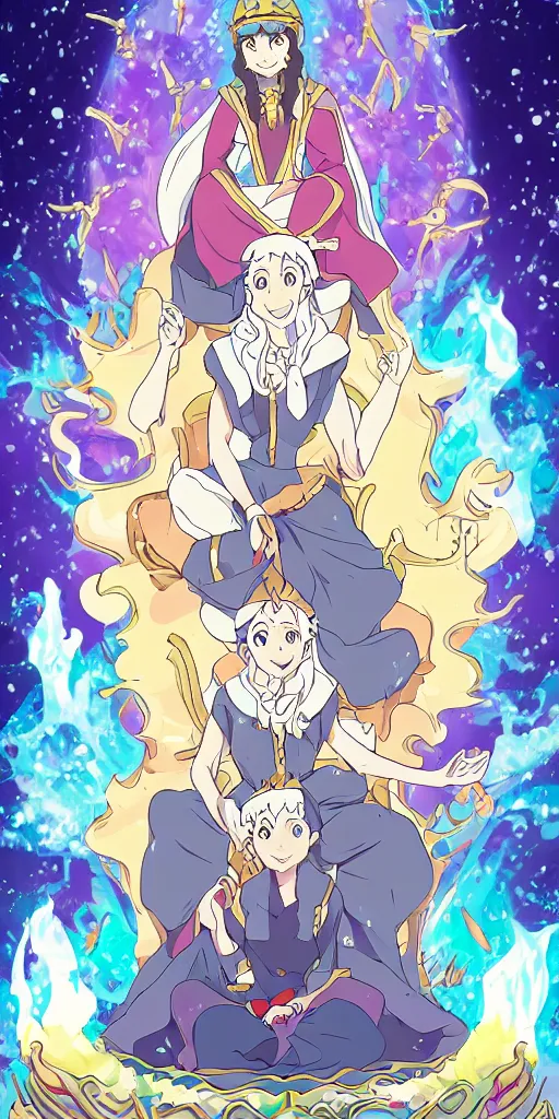 Prompt: a spiritual guru sitting on a throne of ice drawn by studio trigger, in the style of Little Witch Academia, spiritual enlightenment, tarot card