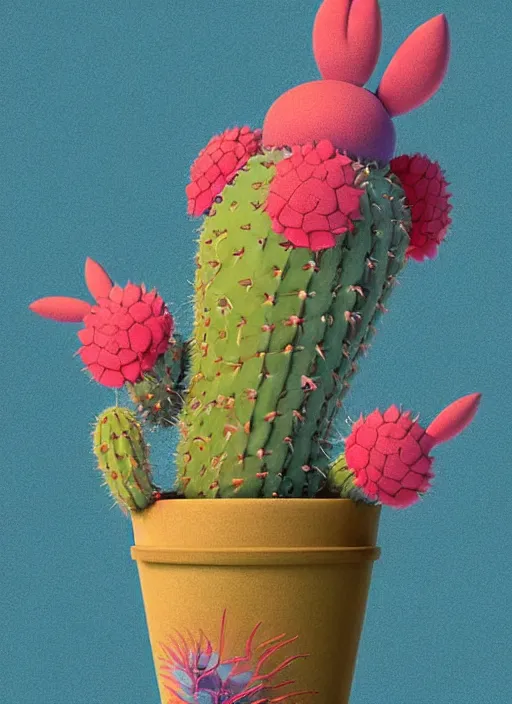 Prompt: colourful caricature - 3 d vfx art - of a cactus plant, art style by james jean & hsiao - ron cheng, character concept art, unreal engine render, digital illustration, sharp, intricate detail, volumetric light, ray tracing, soft light, symmetric, pinterest, artstation, behance,