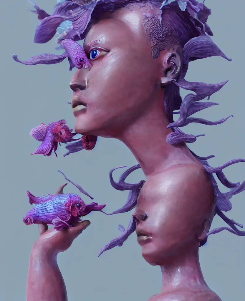 Image similar to goddess full painted acryllic sculpture close-up portrait. orchid bird betta fish, intricate artwork by Tooth Wu and wlop and beeple. octane render, trending on artstation, greg rutkowski very coherent symmetrical artwork. cinematic, hyper realism, high detail, octane render, 8k