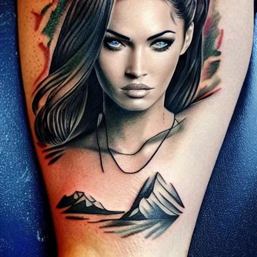 Image similar to tattoo design sketch of megan fox mash up effect with beautiful mountain scenery, in the style of matteo pasqualin, amazing detail